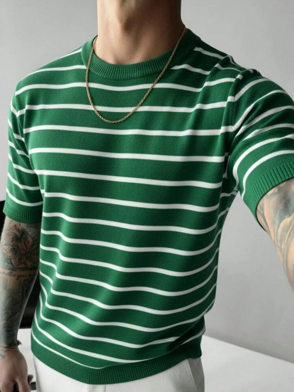 Green Men's Regular Fit Striped Crew Neck Knit Sweater